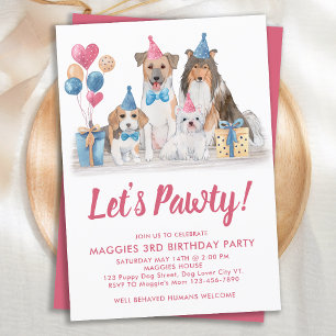 Dog Birthday Waterverf Pink Pawty Puppy Party Kaart