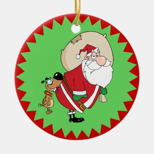 Dog Biting Santa Funny Kerstversier Keramisch Ornament (Voorkant)