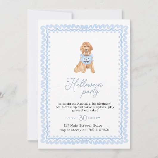 Dog Blue Preppy Pumpkin Halloween Party Kaart (Voorkant)