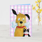 Dog Bone & Cat on Tartan Pattern - Wenskaart Kaart (Gele Bloem)