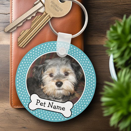 Dog Bone en Blue Polka Dot Pet Photo Lijst Sleutelhanger