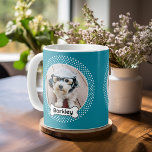 Dog Bone en Polka Dot Pet Photo Lijst - Blauw Koffiemok<br><div class="desc">Een leuke manier om een foto van je favoriete huisdier weer te geven. De polka dot border lijsten een schattig afbeelding en de hondennaam zit in een cartoon hondenbot. Voeg je favoriete puppy afbeelding toe en maak een schattig aandenken van de familie huisdieren.</div>