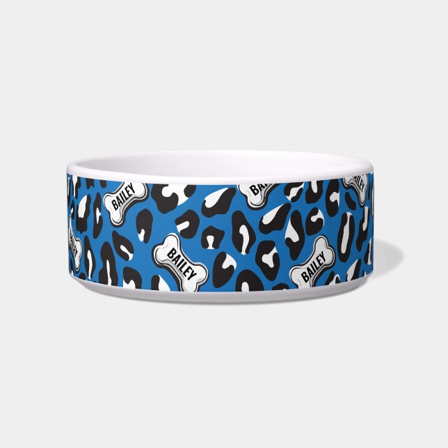 Dog Bone Leopard Print Aangepaste Huisdier Naam Bl Voerbakje (Voorkant)