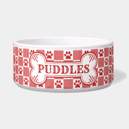 Dog Bone Name Red Paw Print Gingham | Gepersonalis Voerbakje