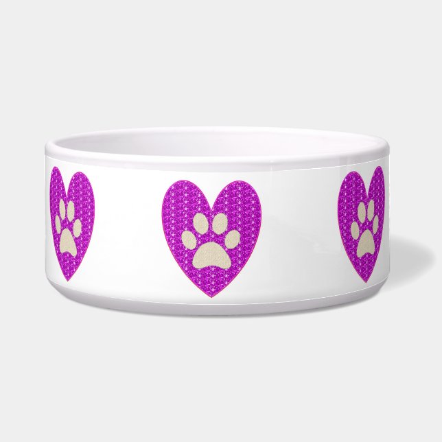 Dog Bowl Paw Heart Pink White Glitter. Voerbakje (Voorkant)