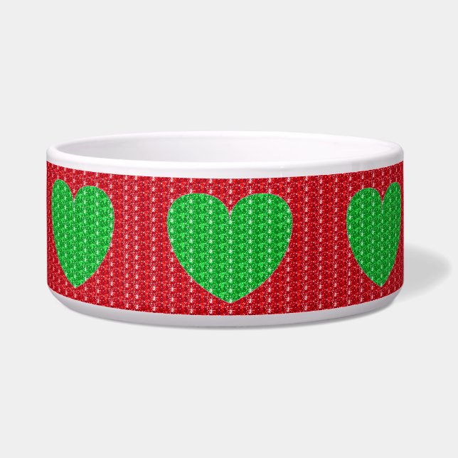 Dog Bowl Red Green Heart Glitter Voerbakje (Voorkant)