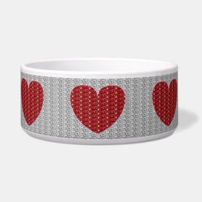 Dog Bowl Silver Red Heart Glitter Voerbakje (Voorkant)