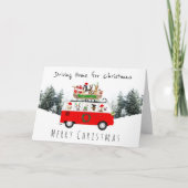 Dog campervan en sleigh die naar huis rijden kerst kaart (Voorkant)
