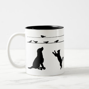 Dog Cat Birds Silhouettes Wire Pets Puppy Animal Tweekleurige Koffiemok