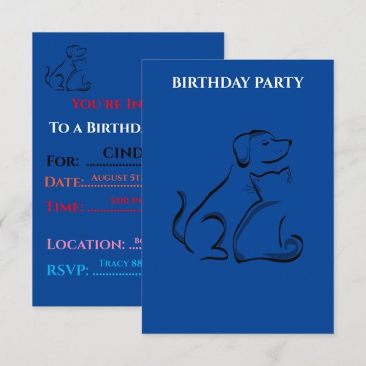 "DOG & CAT BIRTHDAY INVITATIONS PERSONALISEERD. (Voorkant / Achterkant)