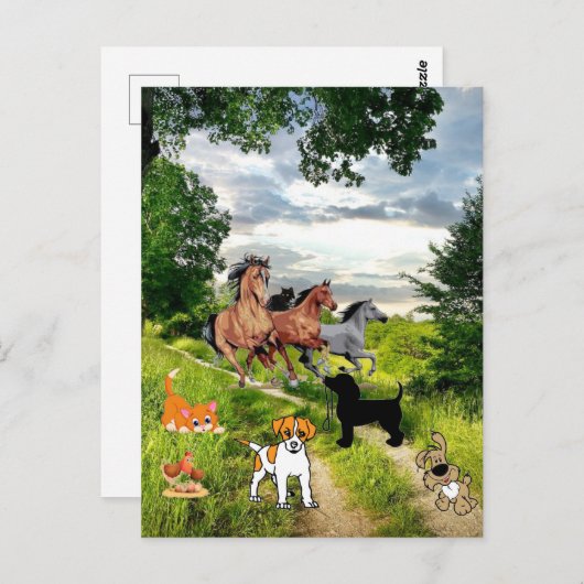 Dog Cat Chicken Horses Briefkaart (Voorkant / Achterkant)