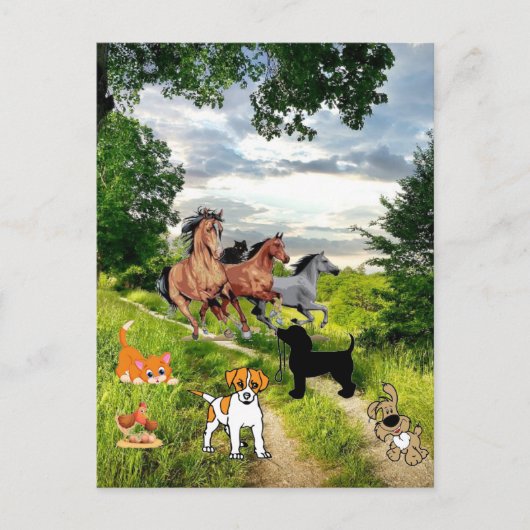 Dog Cat Chicken Horses Briefkaart (Voorkant)