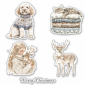 Dog Cat Deer Girl Christmas Sticker (Voorkant)