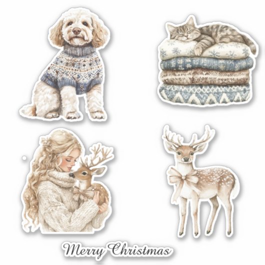 Dog Cat Deer Girl Christmas Sticker (Voorkant)