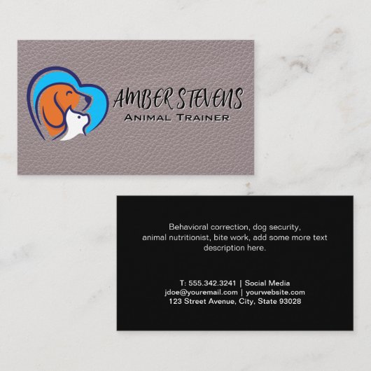 Dog Cat Heart Logo | Achtergrond leder Visitekaartje (Voorkant / Achterkant)