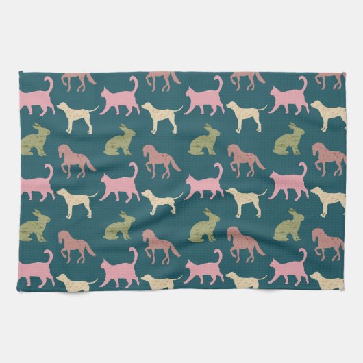 Dog Cat Horse Animal Silhouettes Pattern Theedoek (Horizontaal)