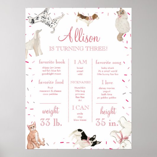 Dog Cat Paw-ty Pink Girl Birthday Milestone Sign Poster (Voorkant)