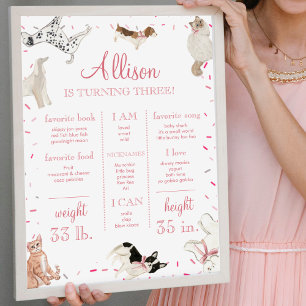 Dog Cat Paw-ty Pink Girl Birthday Milestone Sign Poster