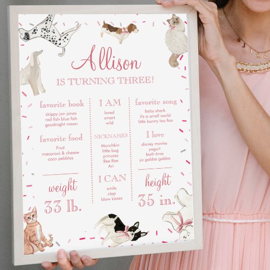 Dog Cat Paw-ty Pink Girl Birthday Milestone Sign Poster