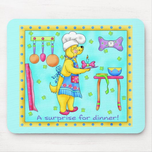 Dog Chef Koking Dinner Art Turquoise Mousepad Muismat (Voorkant)