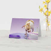 Dog (chihuahua) die verjaardagstaart op tafel eet kaart (Gele Bloem)