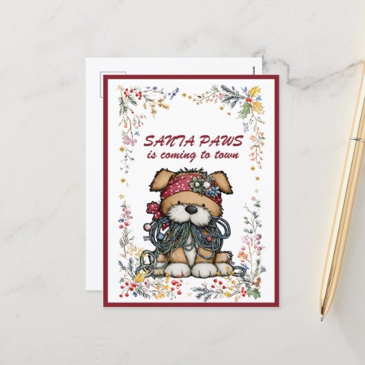 Dog Christmas Lights SANTA PAWS is Coming to Town Feestdagenkaart (Voorkant / Achterkant in situ)