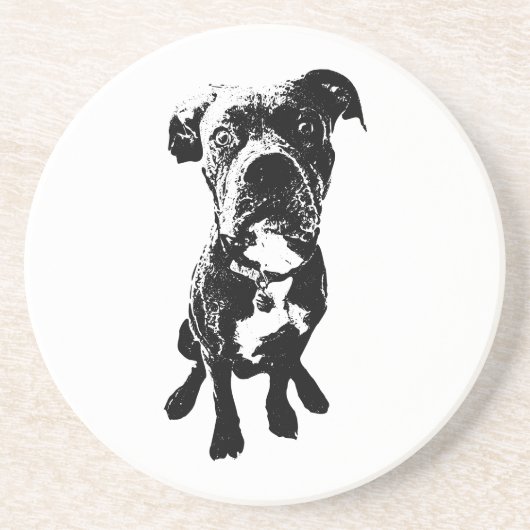 Dog Coaster – Sitting Dog Pose in Ink Linework Zandsteen Onderzetter (Voorkant)