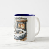 Dog Cozy Fireplace Relax Tweekleurige Koffiemok (Voorkant rechts)