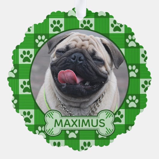 Dog Custom Foto en Naam Green Paw Print Gingham Ornament Kaart (Achterkant)