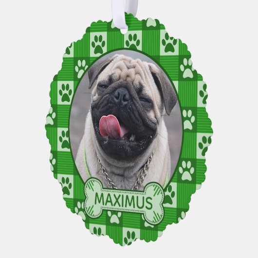 Dog Custom Foto en Naam Green Paw Print Gingham Ornament Kaart (Links)