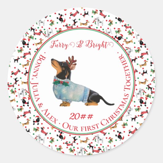 Dog Dachshund Rendier Pet Christmas Furry Bright Ronde Sticker (Voorkant)