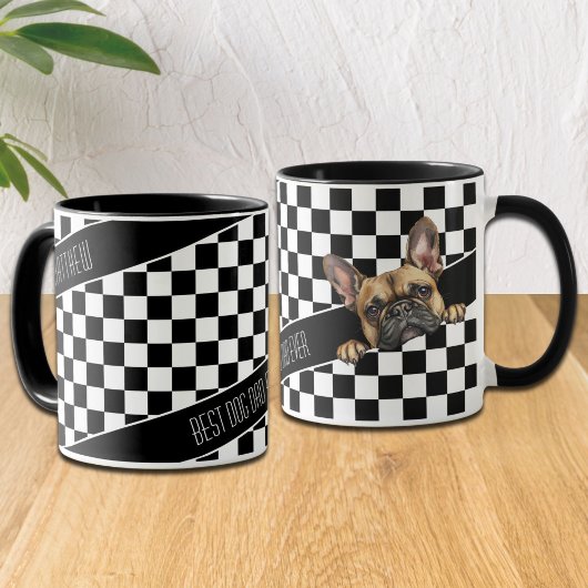 Dog Dad Checkered Zwart Wit Frenchie Custom Mok