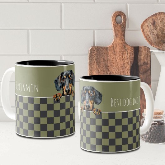 Dog Dad Olive Donkergrijs Geruit Teckel Custom Tweekleurige Koffiemok