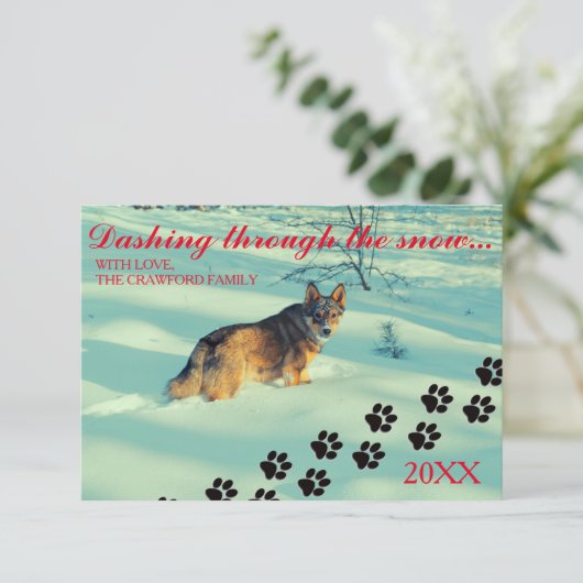 Dog Dashing door sneeuw - 3 x 5 kerstkaart Kaart (Staand voorkant)