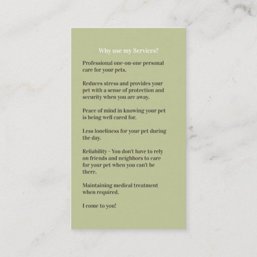Dog Daycare Walking Pet Sitting Visitekaartje (Achterkant)