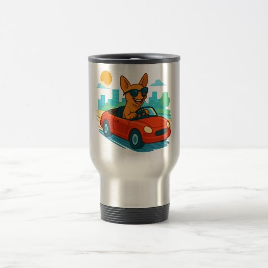 Dog Driving Red Car Cartoon Travel Mug Reisbeker (Center)