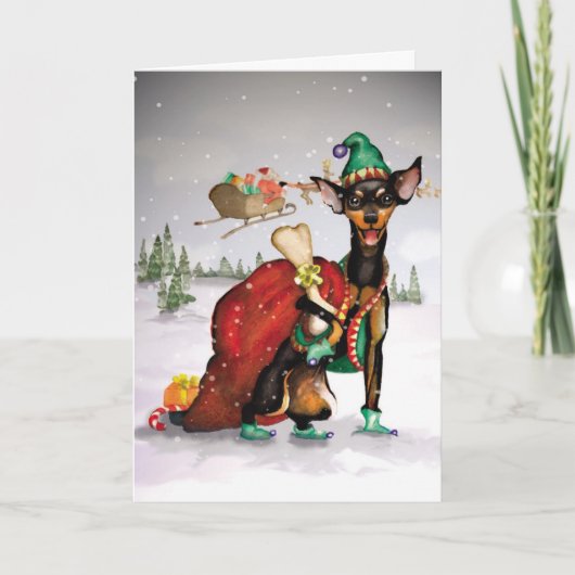 Dog Elf - Miniatuur Pinscher Bewegende Kerst Kaart (Voorkant)