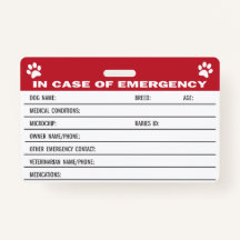 Dog Emergency Medical Information Kaart