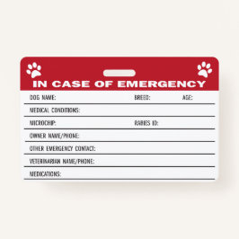 Dog Emergency Medical Information Kaart Badge