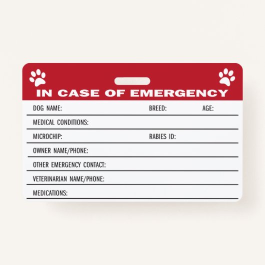 Dog Emergency Medical Information Kaart Badge (Voorkant)