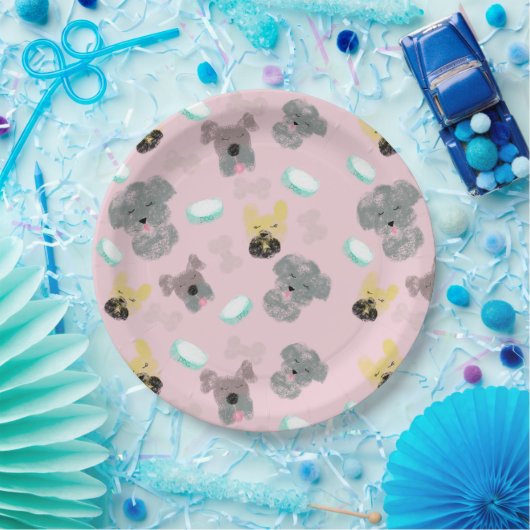 Dog en Bowls Pet Pattern Pink Blue Papieren Bordje (Feest)