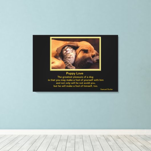 Dog en Kitten in de liefde Canvas Afdruk (Insitu (Houten vloer))
