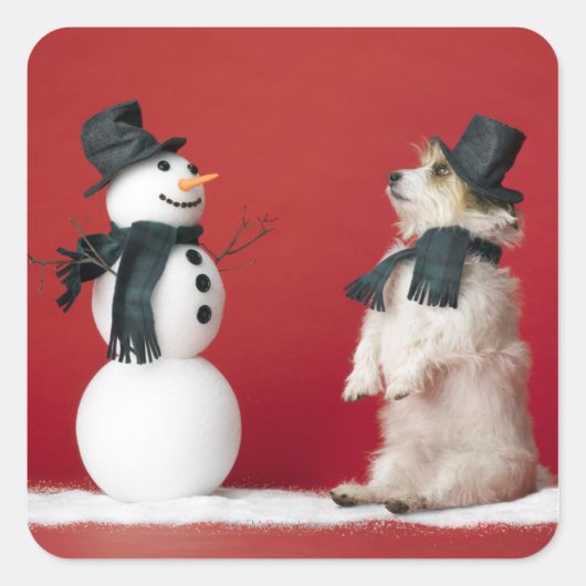 Dog en Snowman Vierkante Sticker (Voorkant)