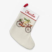 Dog en Squirrel Friends Riding Bicycle Whimsical Kleine Kerstsok (Voorkant (Hangend))