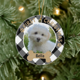 Dog FIRST CHRISTMAS 2-Sided 2-Photo Buffalo Check Keramisch Ornament
