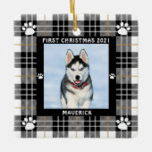 Dog FIRST CHRISTMAS Black White Play Paw Print Keramisch Ornament (Voorkant)