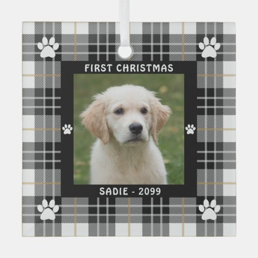 Dog FIRST CHRISTMAS Black White Tan Pset Glas Ornament (Voorkant)