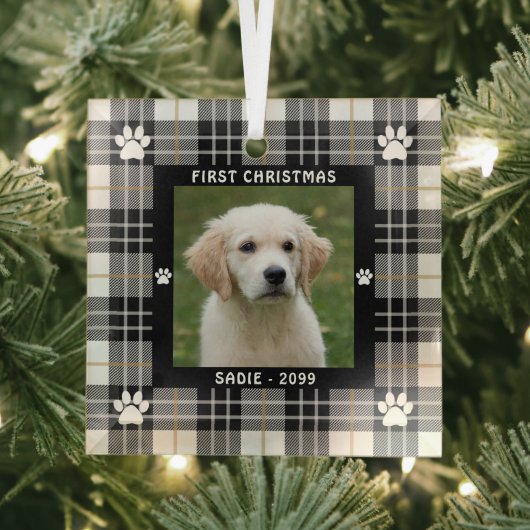 Dog FIRST CHRISTMAS Black White Tan Pset Glas Ornament (Insitu)