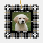 Dog FIRST CHRISTMAS Black White Tan Pset Keramisch Ornament (Voorkant)
