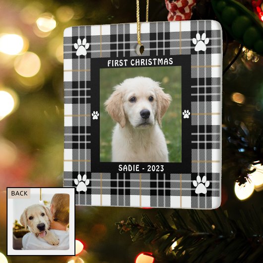Dog FIRST CHRISTMAS Black White Tan Pset Keramisch Ornament